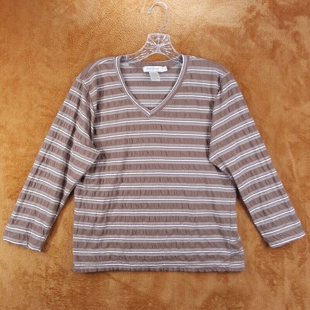 FRESH PRODUCE Womens Top XL Brown Stripe Pullover Fitted Long Sleeve Stretch Tee